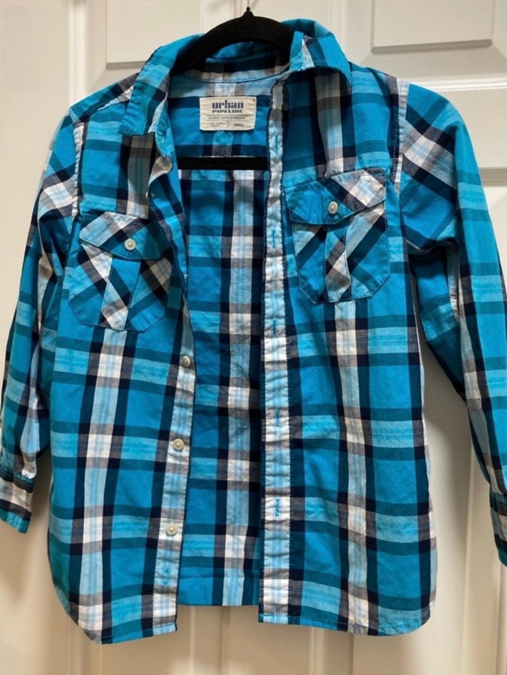 Urban Pipeline Blue Plaid Long Sleeve Boys Shirt Size Small
